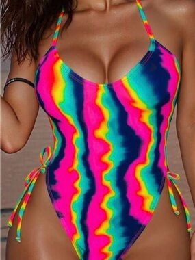Vibrant Rainbow Tie-Detail One-Piece Swimsuit